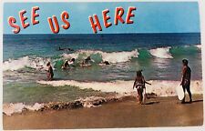 Vintage See Us Here People at the Beach Postcard Waves Beach Ocean Postcard picture
