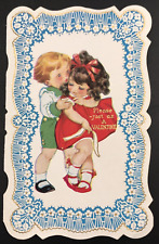 Antique c1920s Victorian Diecut Embossed Boy Kissing Bashful Girl Valentine Card picture