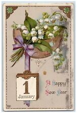 1914 New Year January 1 Flowers Gel Gold Gilt Embossed Boston MA Posted Postcard picture