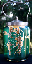 Antique 1900 Art Glass Gold Gilt Teal Green Glass Bisquet Jar - ORIGINAL - RARE picture