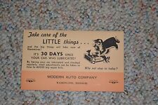 VINTAGE 1950's AUTOMOTIVE MAIL SERVICE CARD FROM MODERN AUTO 30 DAY LUBE SERVICE picture