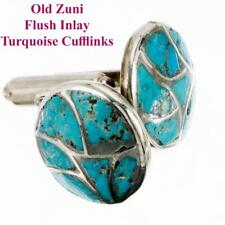 Vintage Zuni Turquoise Inlay CUFFLINKS Sterling Silver Natural Old Pawn picture