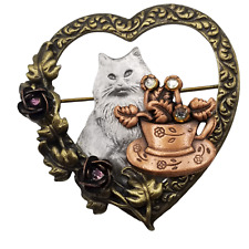 Vintage Brooch Cat KC SIGNED Kenneth Cole Long Hair Cat Heart Rhinestones Teacup picture