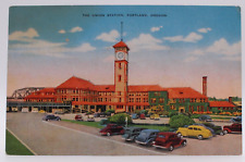 1940s Portland Oregon Union Station Postcard Colorful Old Cars Parking Lot picture