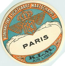 KLM ROYAL DUTCH AIRLINES to PARIS - Large & Beautiful Luggage Label, circa 1940 picture