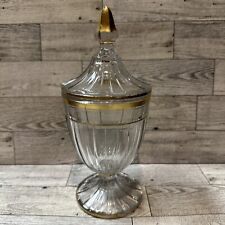 Textured Glass Candy Apothecary Jar w/ Lid (9x4”) Gold Tone Trim *Gold Worn* picture