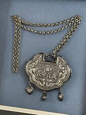 Vintage Chinese necklace lock on chain, shadow box frame art picture
