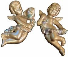 Vintage Chalkware Angel/Cherub Pair Wall Hanging Winged Gold Christmas Decor picture