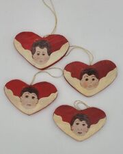 4 Vintage Folk Art Wooden Heart Christmas Ornaments Handpainted Angel Faces  picture