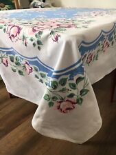 vintage cotton printed tablecloth 66”x50” Blue Floral On Duck Cloth Excellent picture