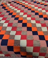 Vintage 1970s Handmade Hand Sewn Quilt Square Block Check Red Brown Blue 60 X 72 picture