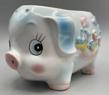 Vintage Cute Ceramic Pig Planter Springtime Piggy - Nursery Blue Pink Big Eyes picture