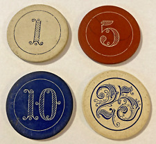 Four Antique Scroll Numeral Engraved Clay Poker Chip picture