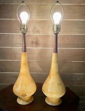HONI CHILO Pair Mid Century Textured Ceramic & Walnut Table Lamps, Quality picture