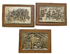 VINTAGE 3-PIECE IMAGES OF MEDIEVAL LIFE METALWARE PLAQUE FRAMED made in GERMANY picture