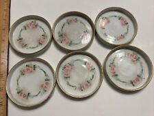 6 Antique Austria Porcelain Drink Coasters Hand Painted Flowers Gold Band picture