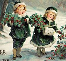 c.1910 Children Picking & Carrying Holly Embossed Postcard Color Lithograph #88 picture