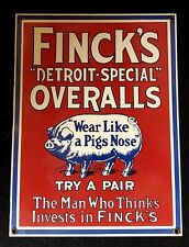 Vintage Finck's “Detroit Special” Overalls Pig Advertising Porcelain Enamel Sign picture