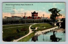 Rockford IL-Illinois Central Rail Depot, Passenger Train, c1912 Vintage Postcard picture