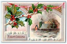 Christmas Postcard Holly Berries Winter Scene Hold To Light HTL c1910's Antique picture
