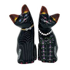 2x Black Lacquer Cat Figurines Hand Painted Multicolored Flower Design, 8.5 in picture