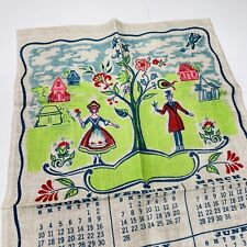 VTG 1965 Linen Calendar Kitchen Tea Towel Amish Dutch Folk Art Garden Blue Green picture