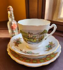Vtg Bone China Teacup Saucer, Plate Balmoral Castle Scene Clan Cameron + Gift picture