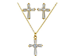 Kirks Folly Crystal CZ Blessing CROSS Necklace & Earrings Set Lot Gold tone picture