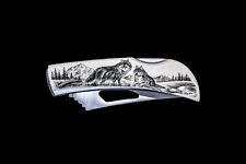 Etched Double Wolf Stainless Steel Silver Hawk Pocket Knife  picture