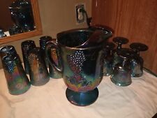 VINTAGE  INDIANA GLASS IRIDESCENT BLUE HARVEST CARNIVAL GLASS PITCHER & GLASSES  picture