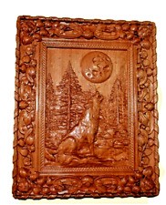  Wolf in the forest and the moon. Art Painting Wood Carving For Home Wall Decor picture