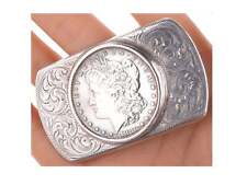 c1950 Hand engraved sterling buckle with 1880s Silver dollar picture
