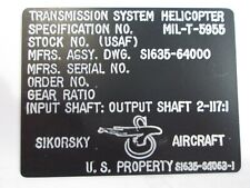 Sikorsky Aircraft Name Plate P/N S1635-64063-1 New Surplus picture
