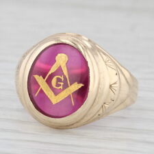Masonic Signet Ring Lab Created Ruby 10k Gold Blue Lodge Square Compass Sz 10.5 picture