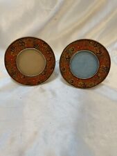 Pair of Vintage Red Floral Enamel Round Matching 4” Picture Frames Metal picture