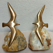 Vintage Curtis Jere Art Bookends Brass Seagull Sculpture Onyx Stone Signed 1977 picture