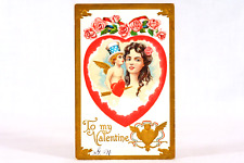 Patriotic Valentine's Day Postcard Cupid Kissing Woman Hearts 1908 Postcard picture
