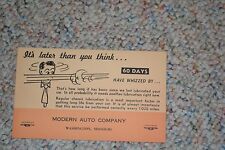 VINTAGE 1950's AUTOMOTIVE MAIL SERVICE CARD FROM MODERN AUTO 60 DAY LUBE SERVICE picture