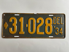 1934 Delaware License Plate 100% All Original Paint picture