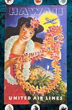 Original Travel Poster United Air Lines Hawaii Hula Dance Lei Beach Sun Nature picture