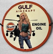 GULF AIRCRAFT ENGINE OIL GAS GARAGE SEXY GIRL PINUP PORCELAIN ENAMEL SIGN. picture