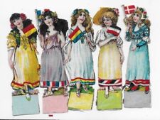 Antique CHROMO de COUPIS French FLAG GIRLS, Victorian Die-Cut Scrap, 3